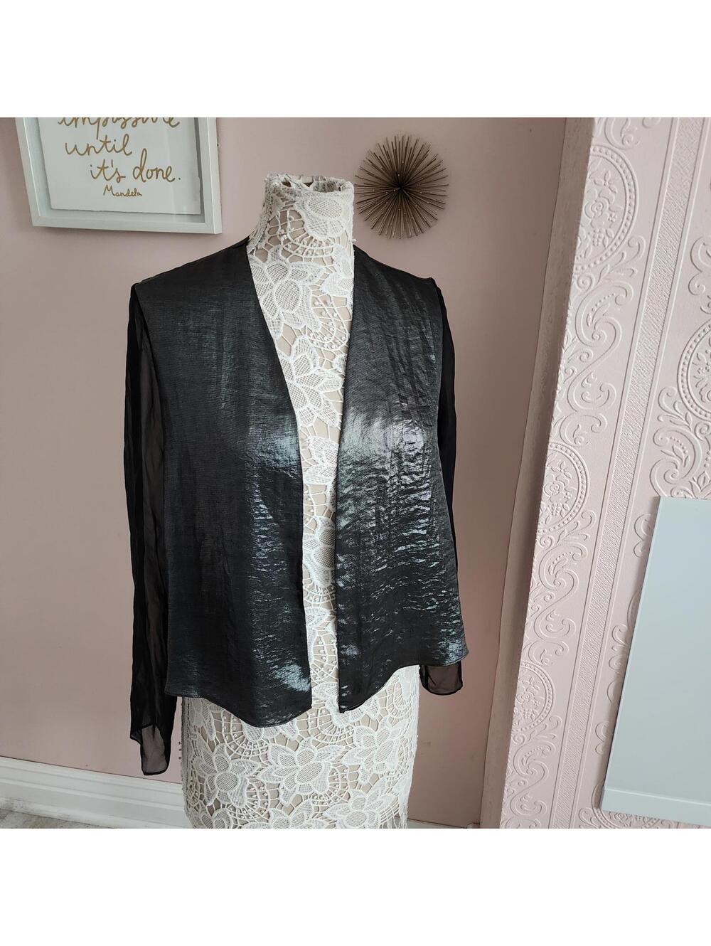 Lola & Sophie NY Metallic Silver Sheer Sleeve Open Jacket Women’s Medium